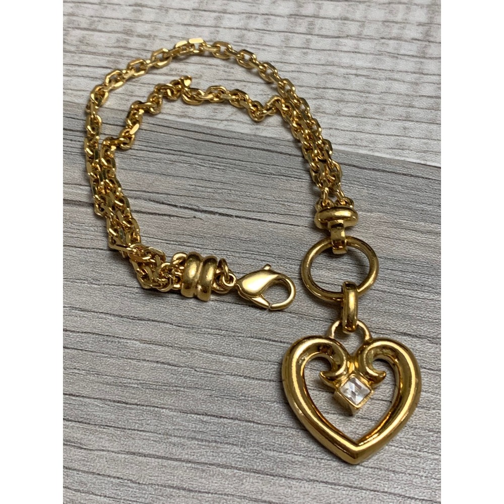 Gold Tone Heart Charm Bracelet Crystal Accent Scroll Detail 7 Inch 5240